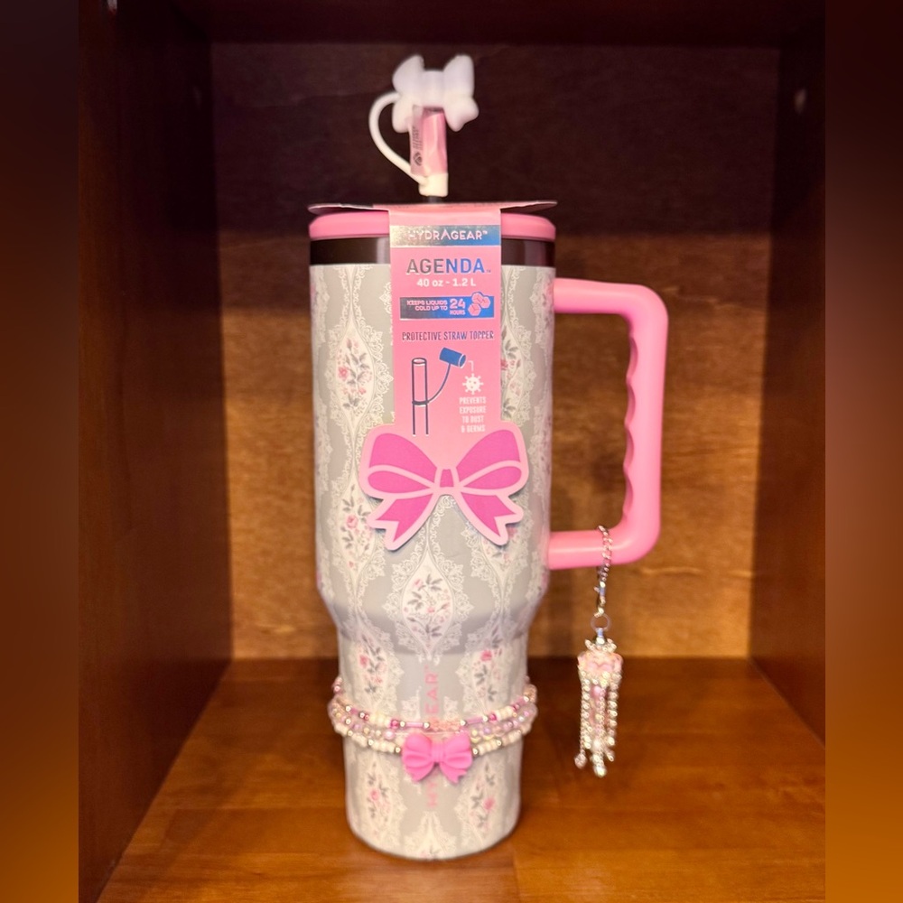 Hydragear Pink & Gray Tumbler Water Bottle Bow Design w/ Handmade Sparkle Charms